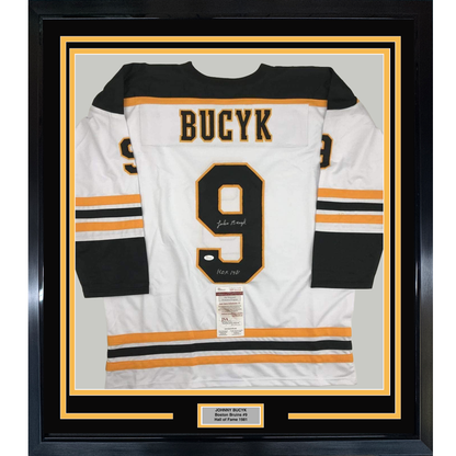 Framed Autographed/Signed Johnny John Bucyk HOF 1981 35x39 Boston White Hockey Jersey JSA COA