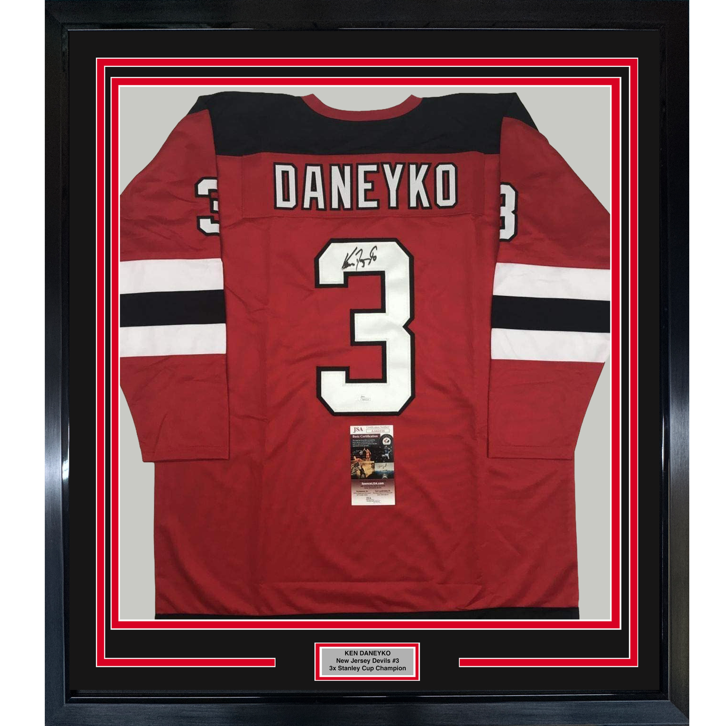 Framed Autographed/Signed Ken Daneyko 35x39 New Jersey Red Hockey Jersey JSA COA