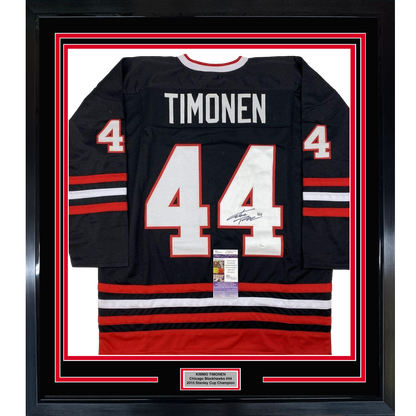 Framed Autographed/Signed Kimmo Timonen 35x39 Chicago Black Hockey Jersey JSA COA