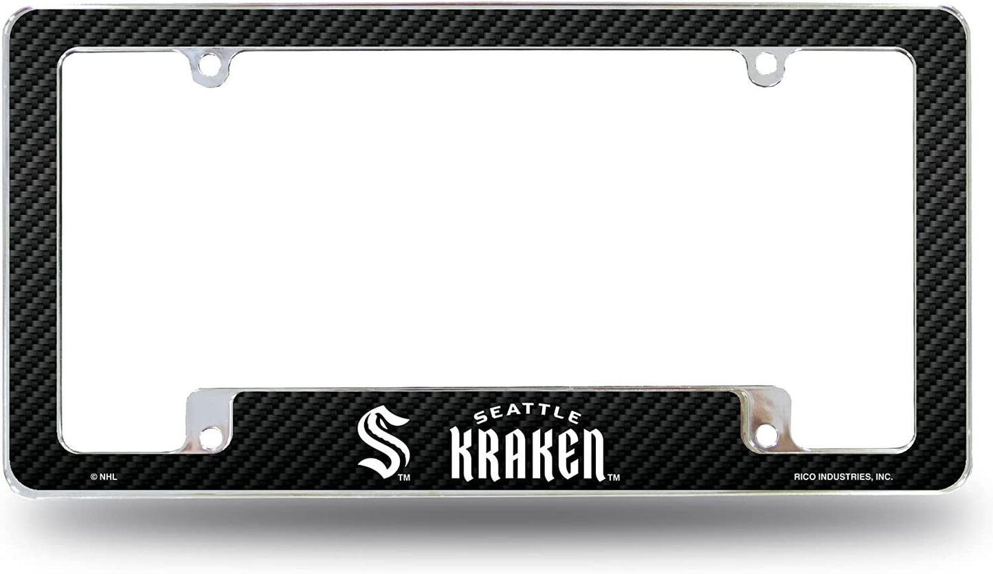 Seattle Kraken Metal License Plate Frame Chrome Tag Cover, Carbon Fiber Design, 6x12 Inch