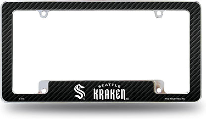 Seattle Kraken Metal License Plate Frame Chrome Tag Cover, Carbon Fiber Design, 6x12 Inch