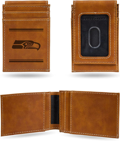 Seattle Seahawks Premium Brown Leather Wallet, Front Pocket Magnetic Money Clip, Laser Engraved, Vegan