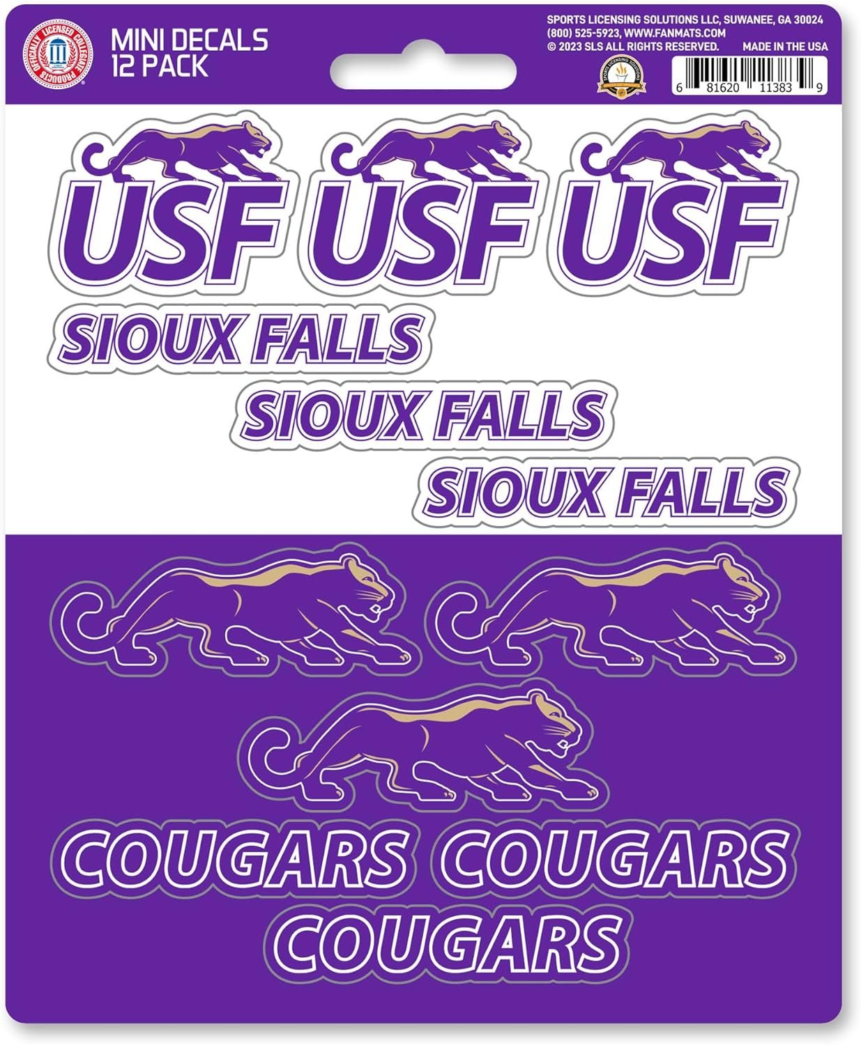 University of Sioux Falls Cougars 12-Piece Mini Decal Sticker Set, 5x6 Inch Sheet, Gift for football fans for any hard surfaces around home, automotive, personal items