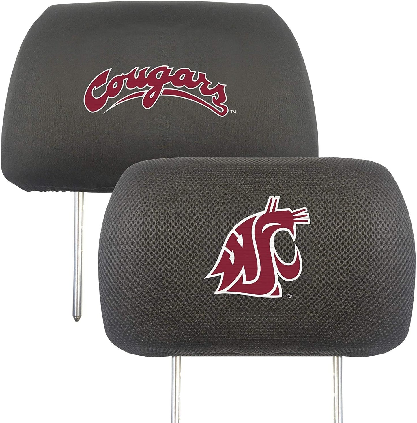 Washington State University Cougars Pair of Premium Auto Head Rest Covers, Embroidered, Black Elastic, 14x10 Inch