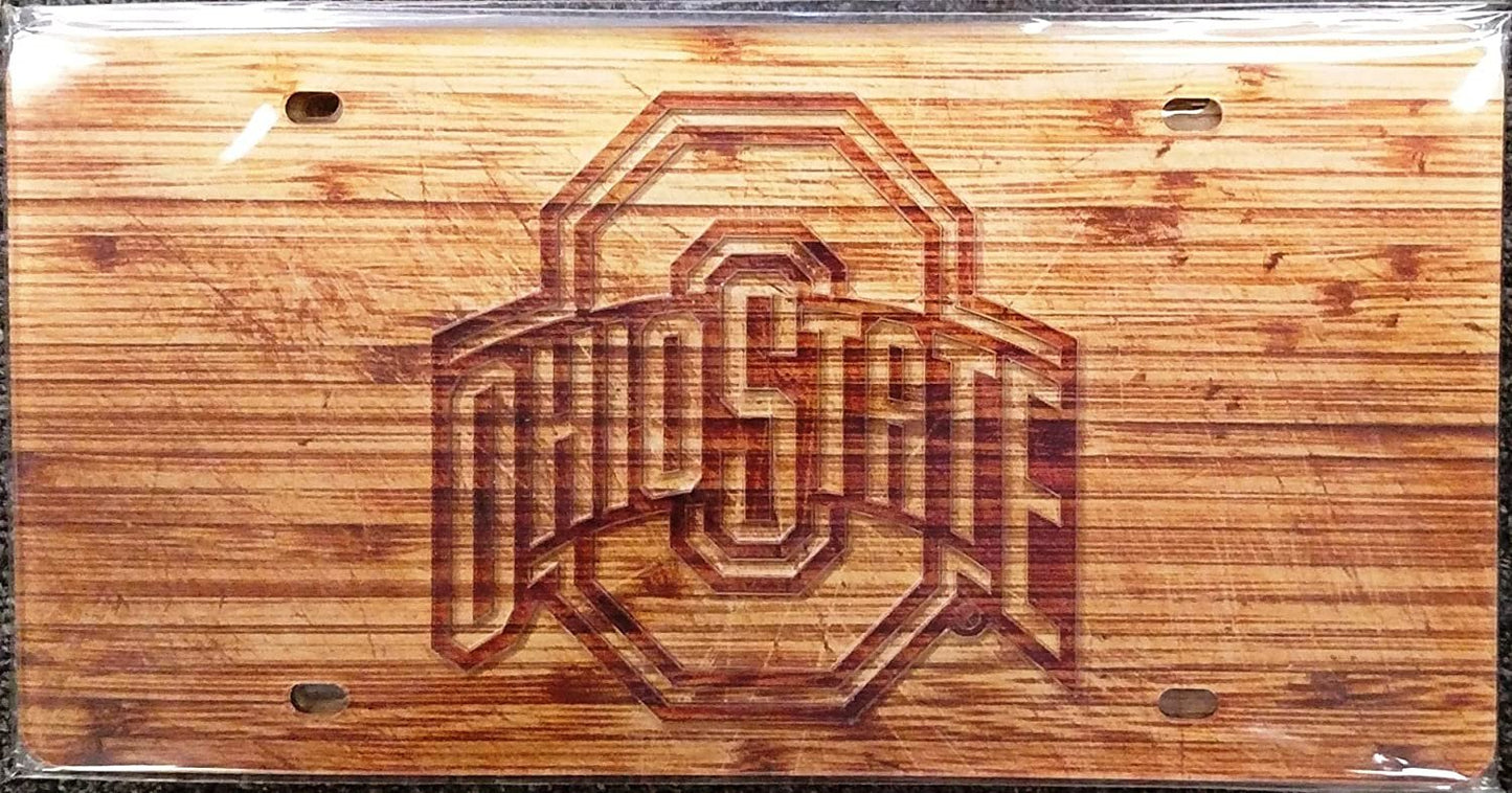 Ohio State University Buckeyes Premium Laser Cut Tag License Plate, Woodgrain Design, Mirrored Acrylic Inlaid, 6x12 Inch