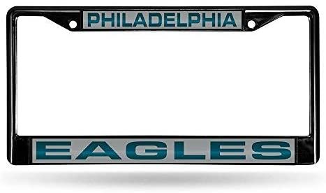 Philadelphia Eagles Black Metal License Plate Frame Tag Cover, Laser Acrylic Mirrored Inserts, 12x6 Inch