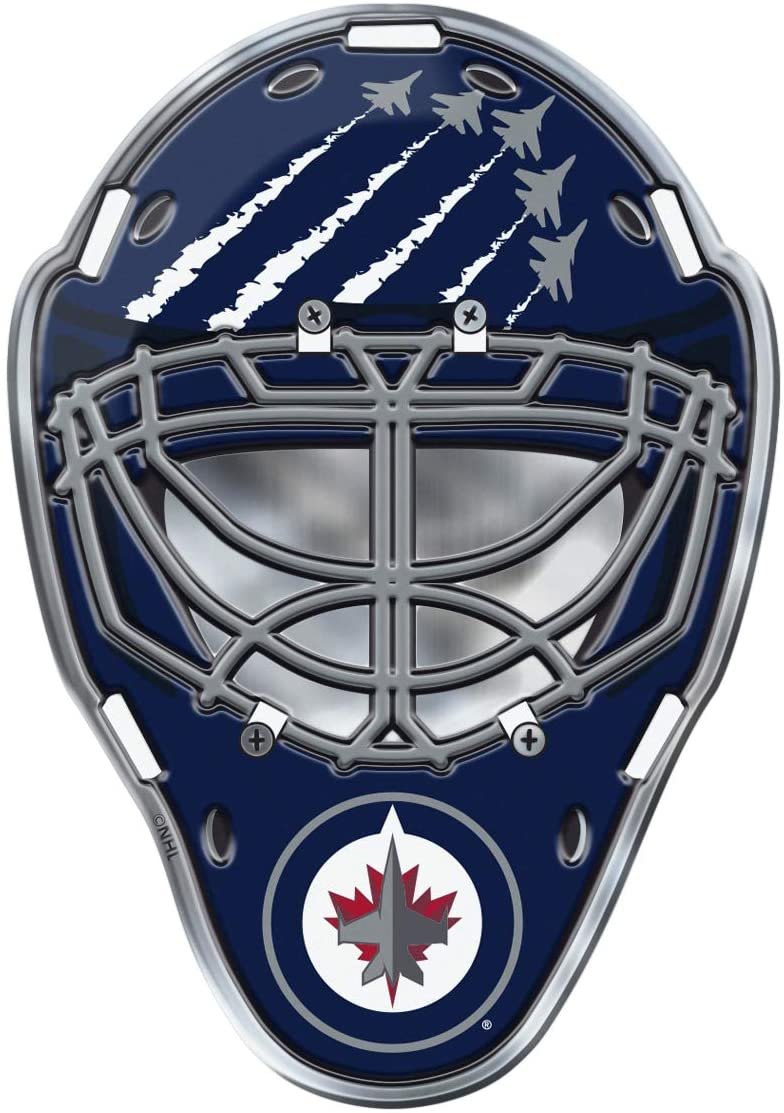 Winnipeg Jets Mask Auto Emblem, Aluminum Metal, Embossed Team Color, Raised Decal Sticker, Full Adhesive Backing