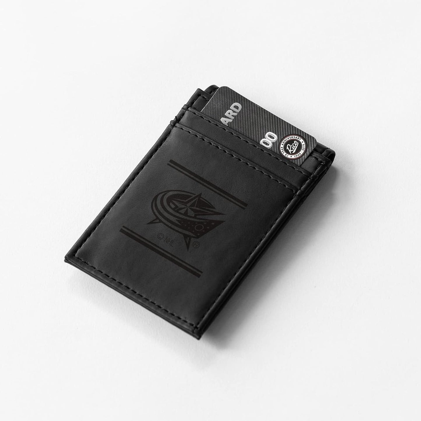 Columbus Blue Jackets Premium Black Leather Wallet, Front Pocket Magnetic Money Clip, Laser Engraved, Vegan