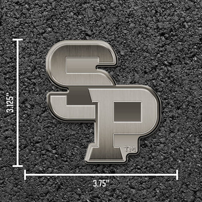 University of Wisconsin Stevens Point Pointers Solid Metal Auto Emblem, Antique Nickel Finish, Raised, Die Cut, 3.5 Inch, Adhesive Tape Backing