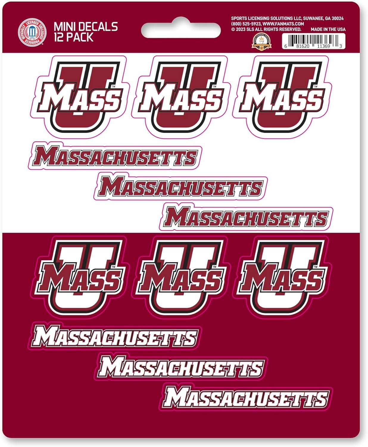 University of Massachusettes Minutemen 12-Piece Mini Decal Sticker Set, 5x6 Inch Sheet, Gift for football fans for any hard surfaces around home, automotive, personal items