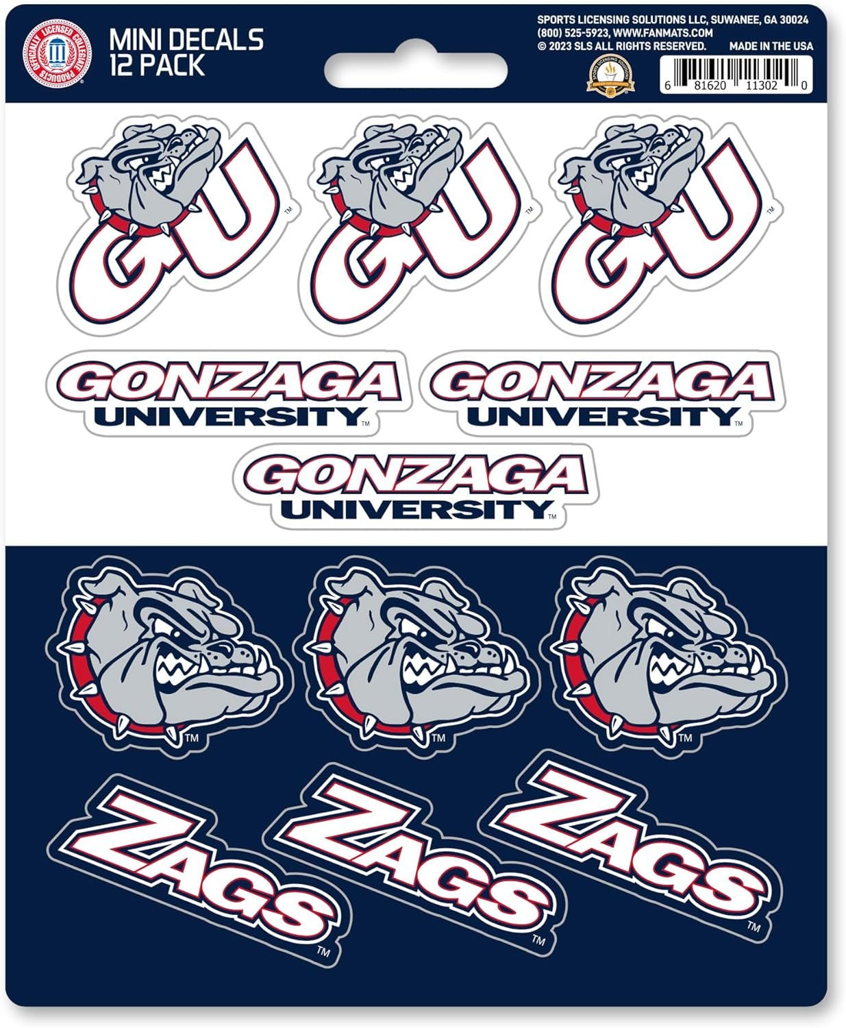 Gonzaga University Bulldogs 12-Piece Mini Decal Sticker Set, 5x6 Inch Sheet, Gift for football fans for any hard surfaces around home, automotive, personal items