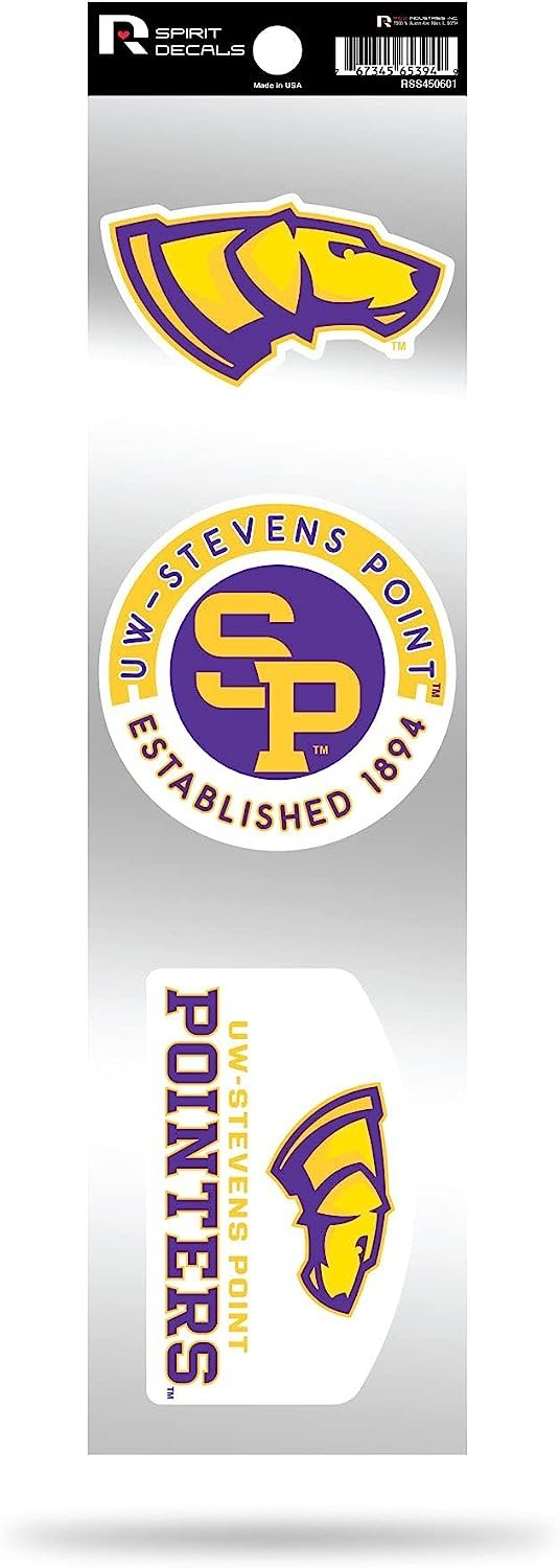 University of Wisconsin Stevens Point Pointers 3-Piece Retro Decal Sticker Sheet, Die Cut, Clear Backing, 3x12 Inch
