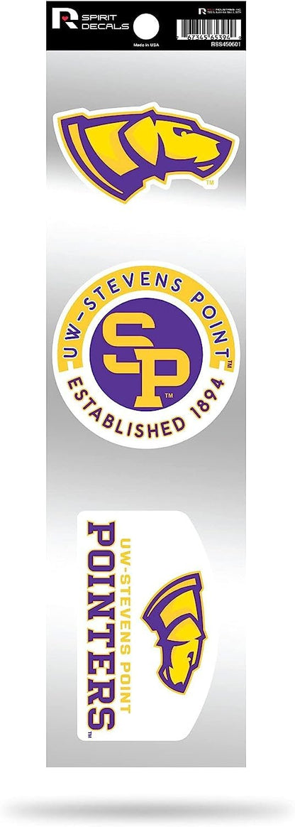 University of Wisconsin Stevens Point Pointers 3-Piece Retro Decal Sticker Sheet, Die Cut, Clear Backing, 3x12 Inch