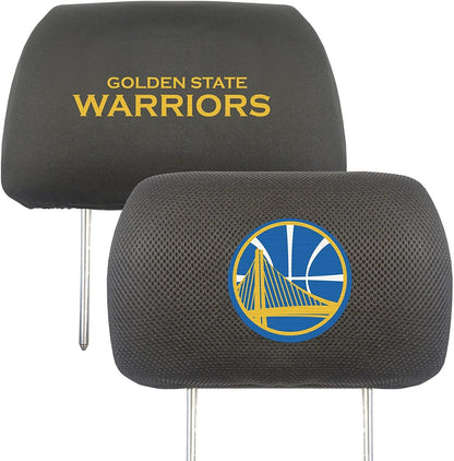 Golden State Warriors Pair of Premium Auto Head Rest Covers, Embroidered, Black Elastic, 14x10 Inch