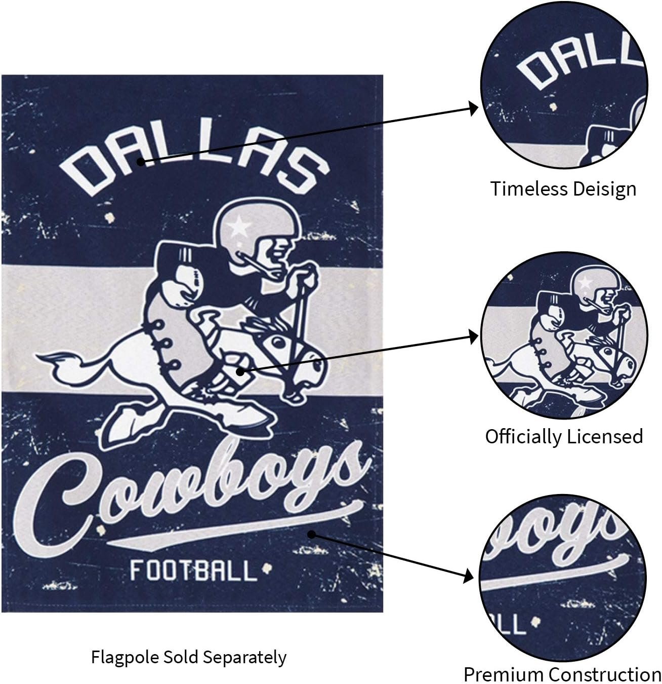 Dallas Cowboys Premium Double Sided Garden Flag Banner, Vintage Style, 13x18 Inch, Display Pole Sold Separately