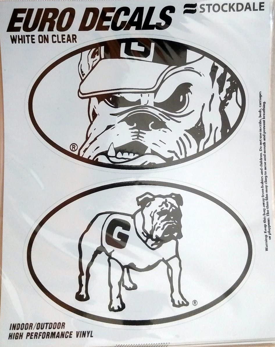 University of Georgia Bulldogs 2-Piece White and Clear Euro Decal Sticker Set, 4x2.5 Inch Each