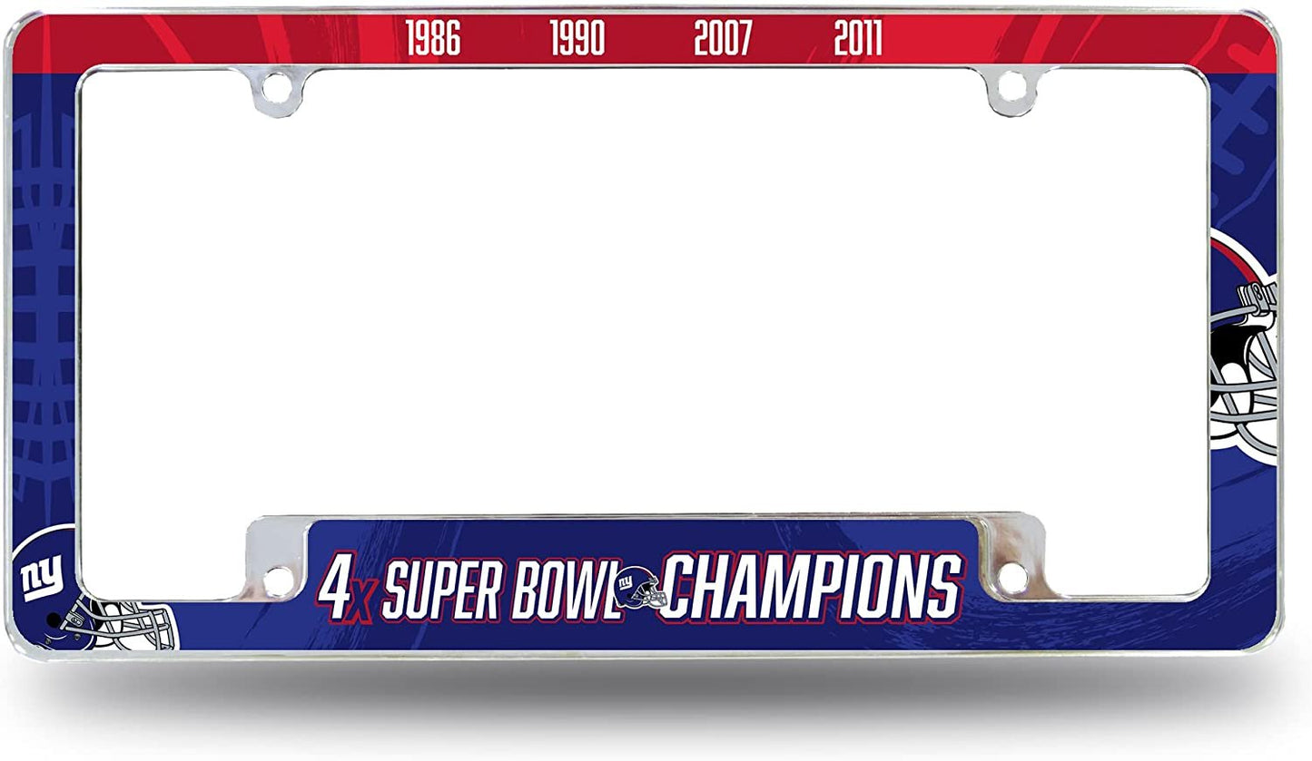 New York Giants Metal License Plate Frame Tag Cover 4 Time Champions Design 12x6 Inch