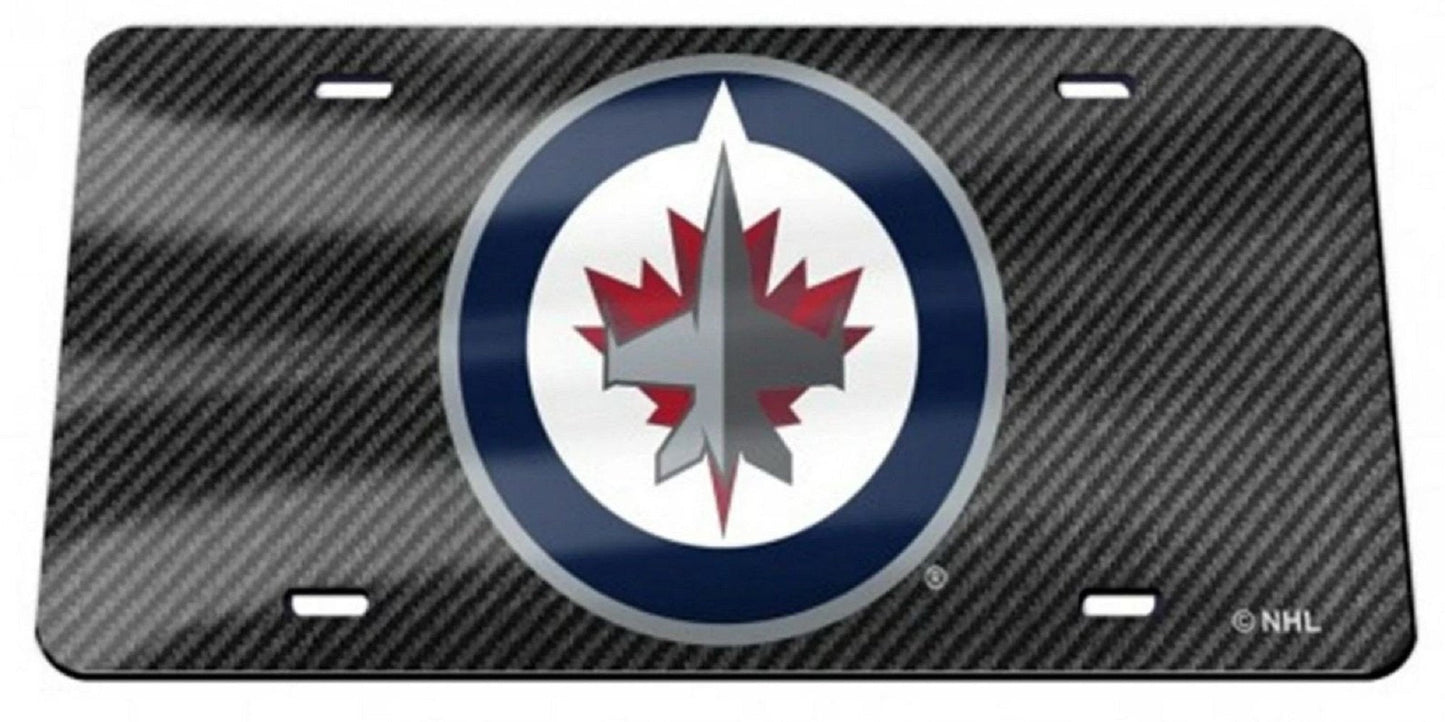 Winnipeg Jets Premium Laser Cut Tag License Plate, Carbon Fiber Design, Mirrored Acrylic Inlaid, 12x6 Inch