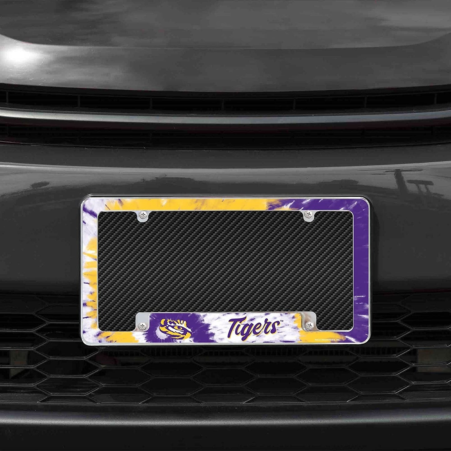 Louisiana State University Tigers LSU Metal License Plate Frame Chrome Tag Cover Tie Dye Design 6x12 Inch