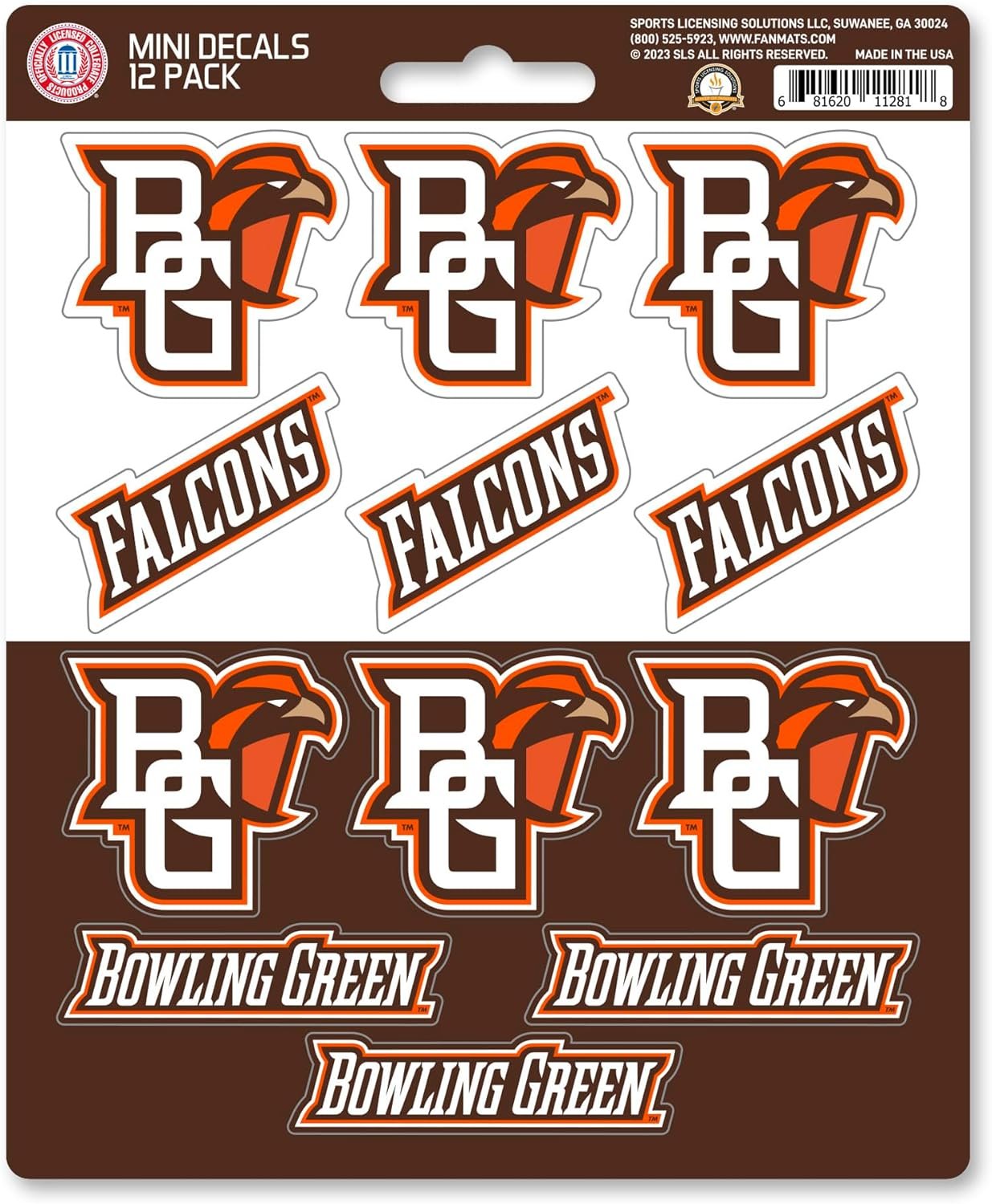 Bowling Green State University Falcons 12-Piece Mini Decal Sticker Set, 5x6 Inch Sheet, Gift for football fans for any hard surfaces around home, automotive, personal items