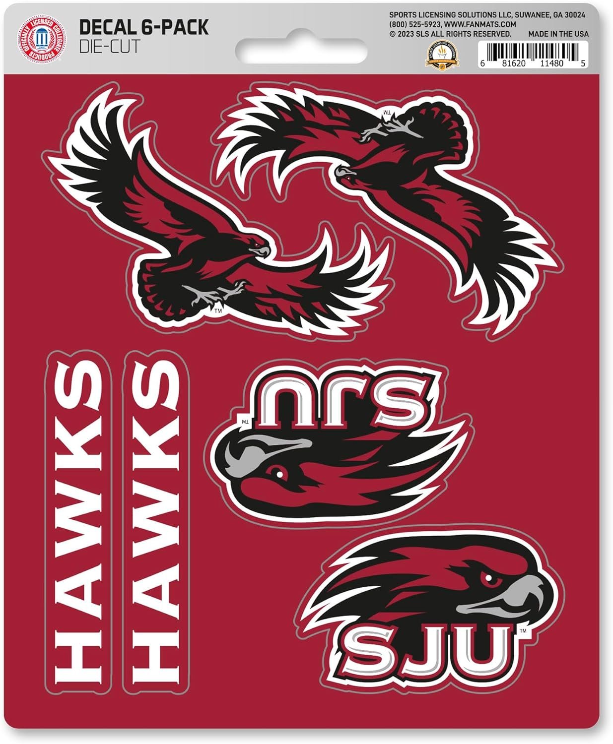 St Joseph University Hawks 6-Piece Decal Sticker Set, 5x6 Inch Sheet, Gift for football fans for any hard surfaces around home, automotive, personal items