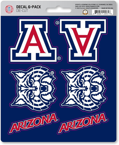 University of Arizona Wildcats 6-Piece Decal Sticker Set, 5x6 Inch Sheet, Gift for football fans for any hard surfaces around home, automotive, personal items