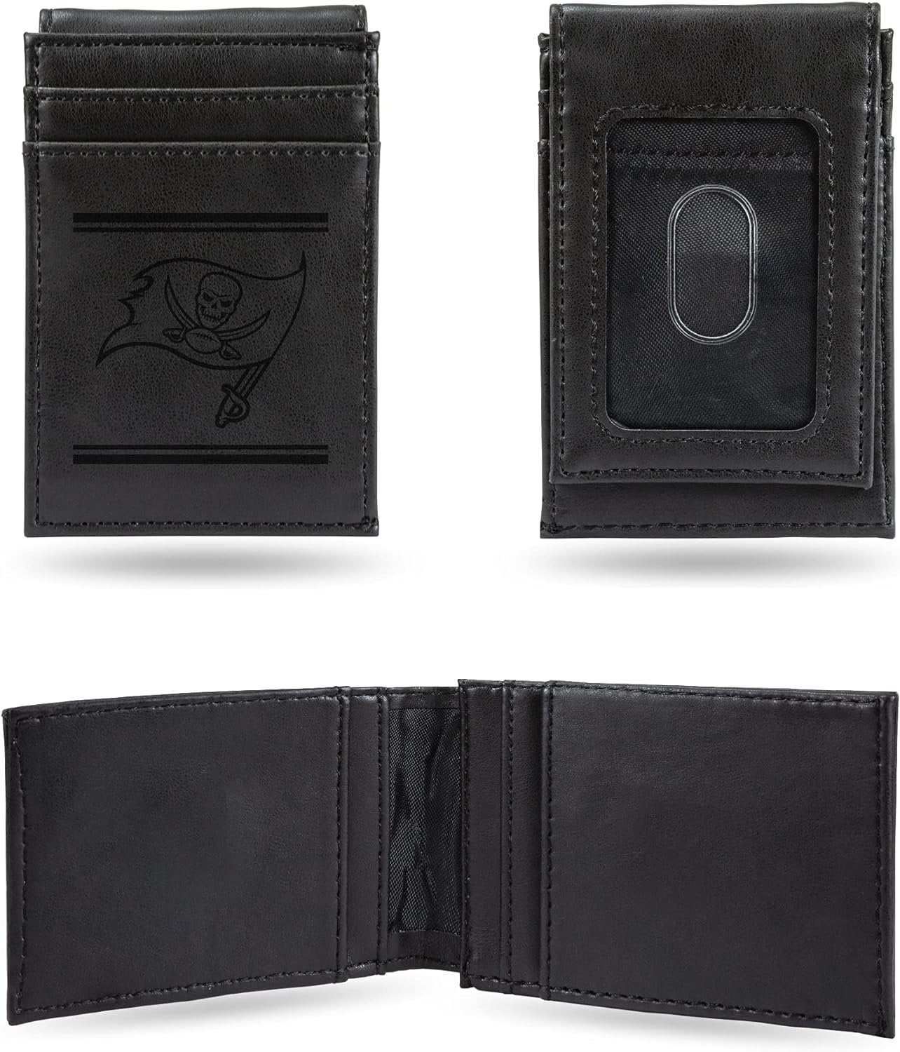 Tampa Bay Buccaneers Premium Black Leather Wallet, Front Pocket Magnetic Money Clip, Laser Engraved, Vegan
