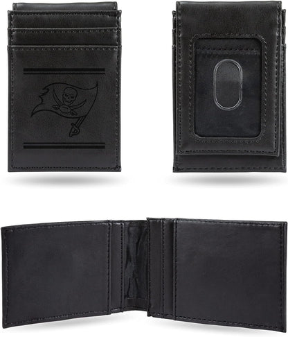 Tampa Bay Buccaneers Premium Black Leather Wallet, Front Pocket Magnetic Money Clip, Laser Engraved, Vegan