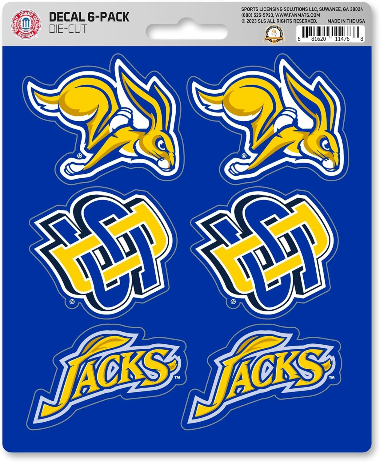 South Dakota State University Jackrabbits 6-Piece Decal Sticker Set, 5x6 Inch Sheet, Gift for football fans for any hard surfaces around home, automotive, personal items