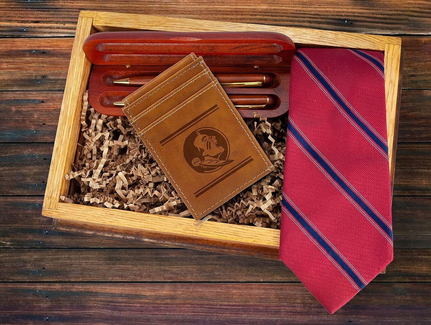Florida State University Seminoles Premium Brown Leather Wallet, Front Pocket Magnetic Money Clip, Laser Engraved, Vegan