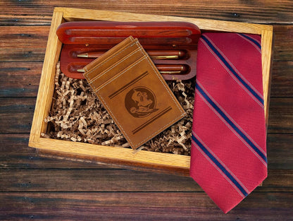 Florida State University Seminoles Premium Brown Leather Wallet, Front Pocket Magnetic Money Clip, Laser Engraved, Vegan