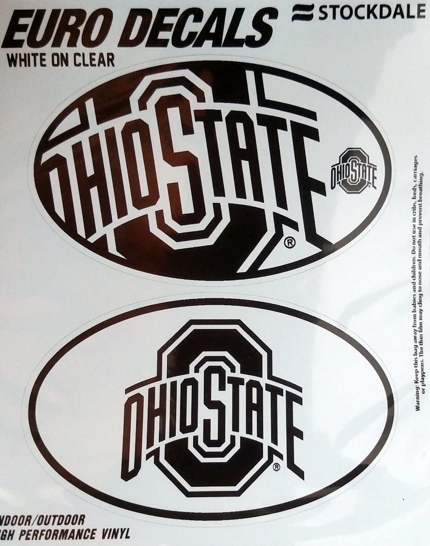 Ohio State University Buckeyes 2-Piece Euro Decal Sticker Set, White and Clear Color, 4x2.5 Inch Each