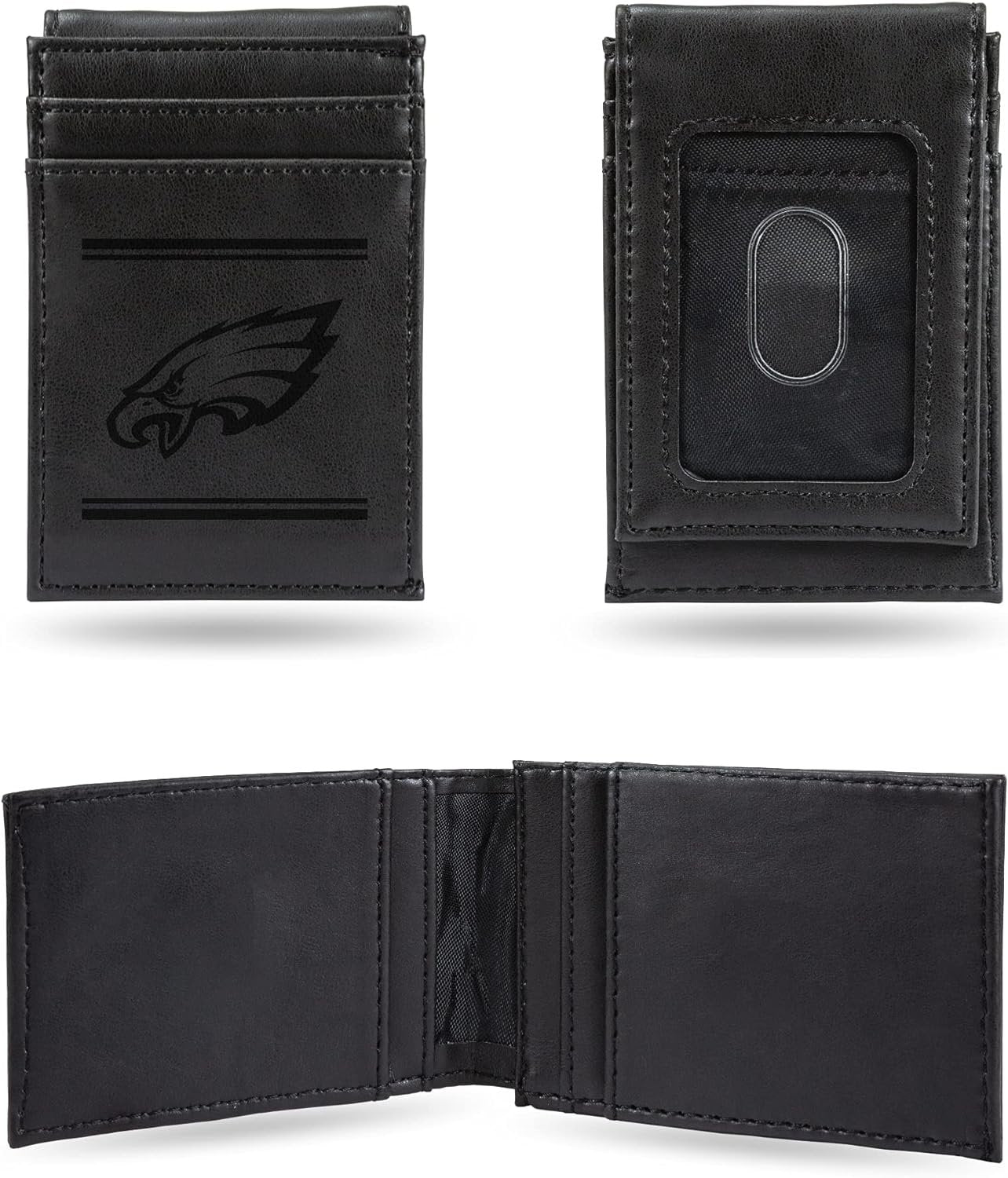 Philadelphia Eagles Premium Black Leather Wallet, Front Pocket Magnetic Money Clip, Laser Engraved, Vegan