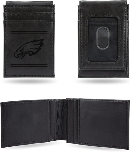 Philadelphia Eagles Premium Black Leather Wallet, Front Pocket Magnetic Money Clip, Laser Engraved, Vegan