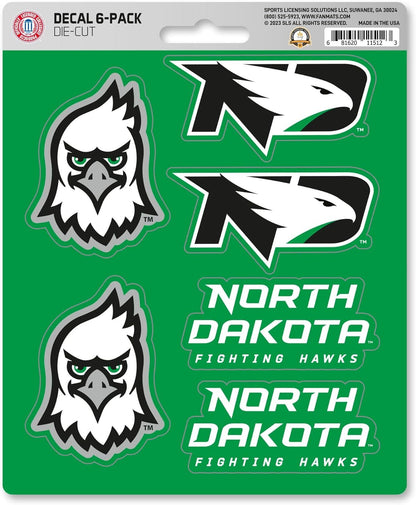 University of North Dakota Fighting Hawks 6-Piece Decal Sticker Set, 5x6 Inch Sheet, Gift for football fans for any hard surfaces around home, automotive, personal items