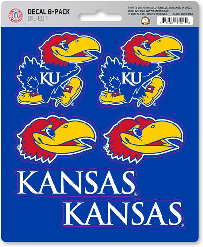 University of Kansas Jayhawks 6-Piece Decal Sticker Set, 5x6 Inch Sheet, Gift for football fans for any hard surfaces around home, automotive, personal items