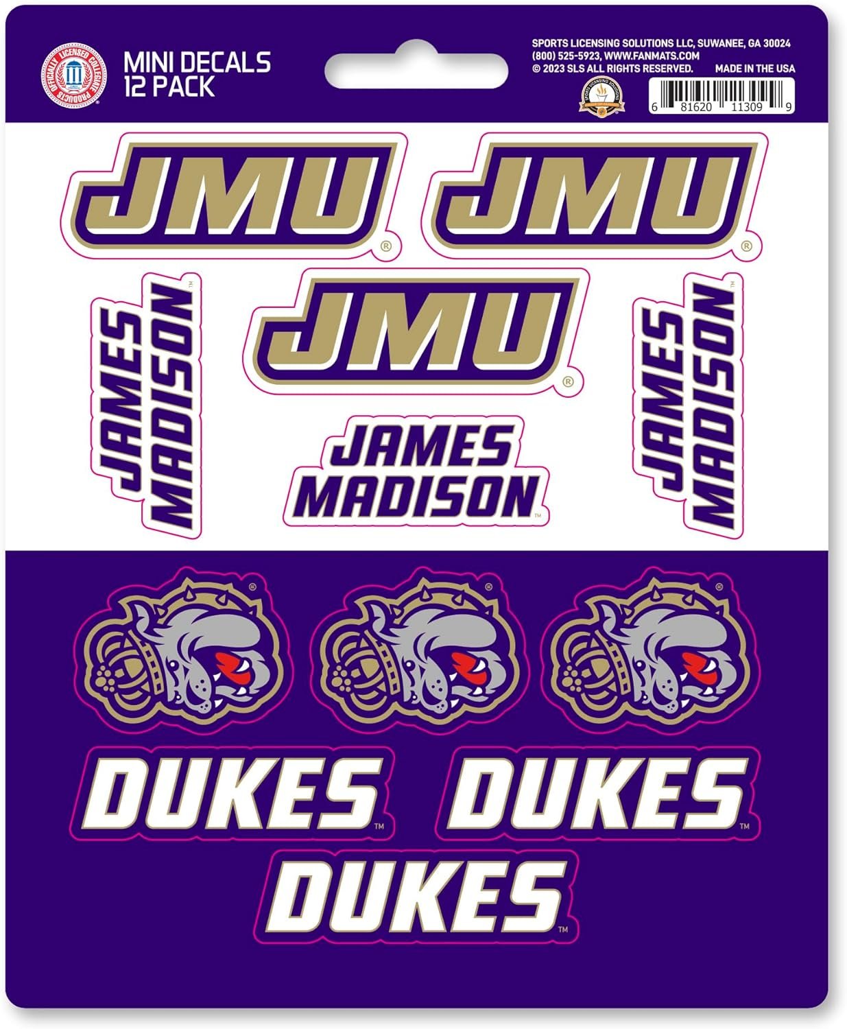 James Madison University Dukes 12-Piece Mini Decal Sticker Set, 5x6 Inch Sheet, Gift for football fans for any hard surfaces around home, automotive, personal items