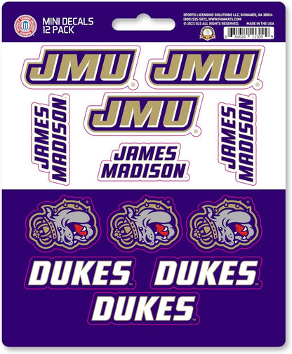 James Madison University Dukes 12-Piece Mini Decal Sticker Set, 5x6 Inch Sheet, Gift for football fans for any hard surfaces around home, automotive, personal items