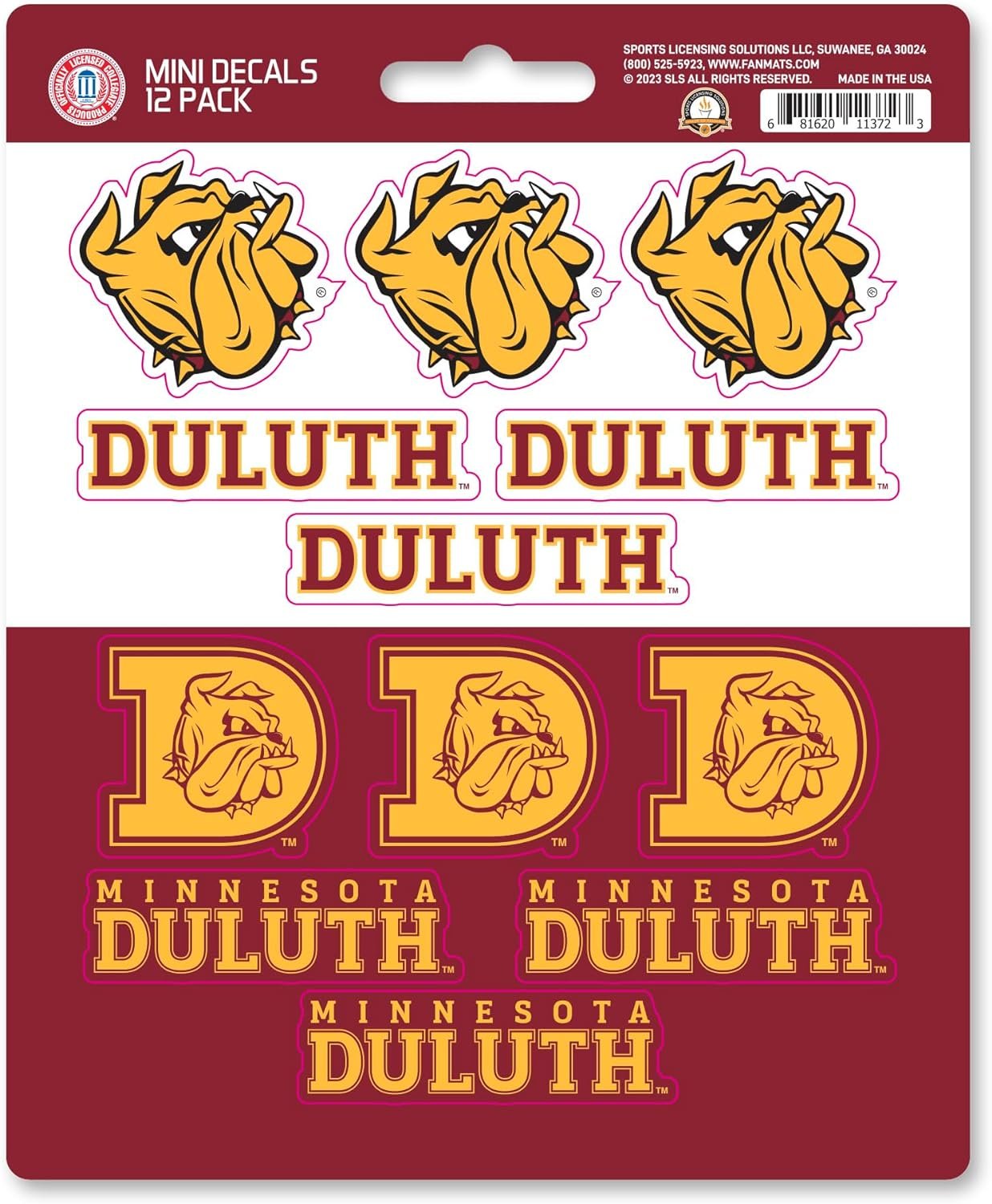 University of Minnesota Duluth Bulldogs 12-Piece Mini Decal Sticker Set, 5x6 Inch Sheet, Gift for football fans for any hard surfaces around home, automotive, personal items