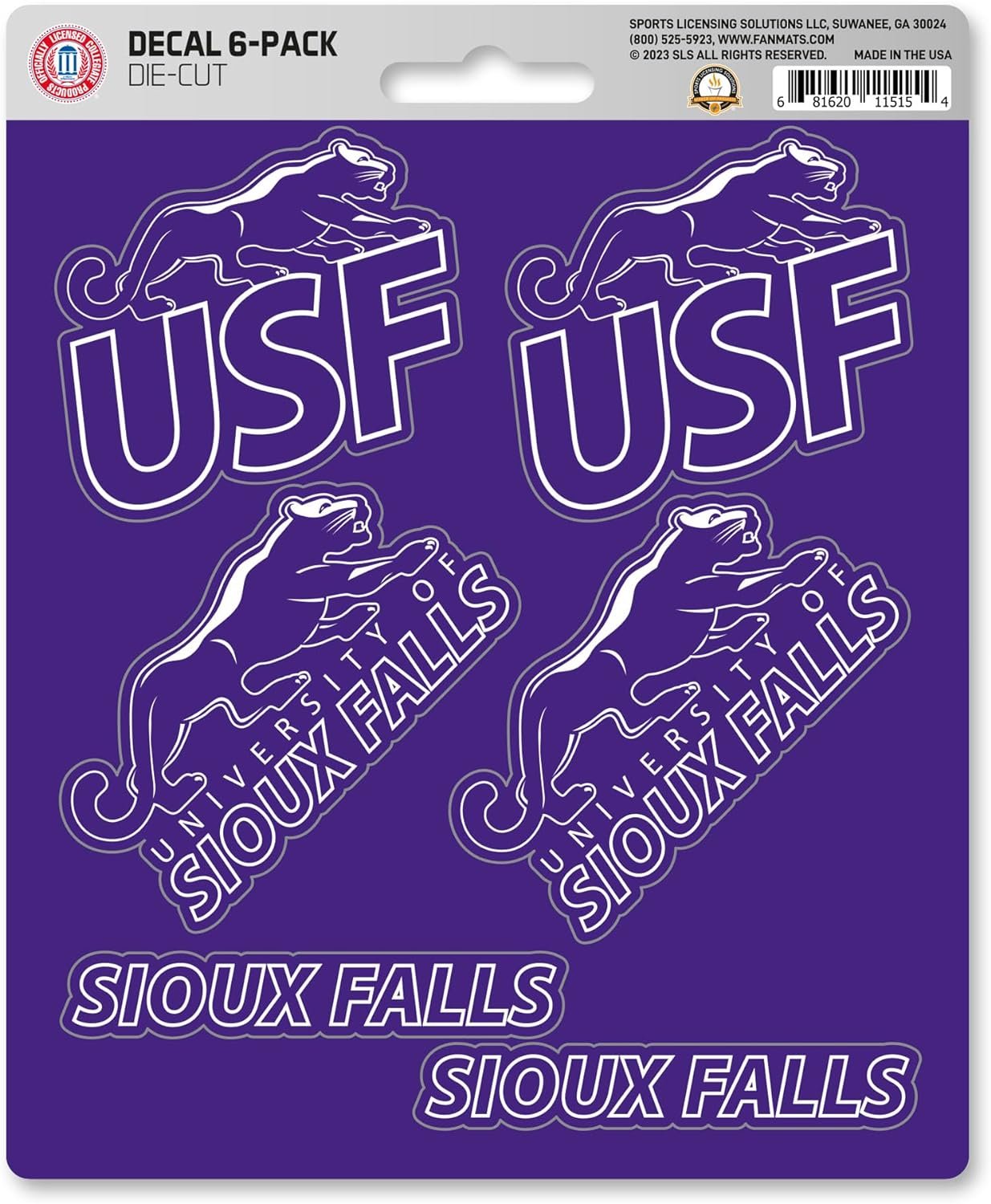 University of Sioux Falls Cougars 6-Piece Decal Sticker Set, 5x6 Inch Sheet, Gift for football fans for any hard surfaces around home, automotive, personal items