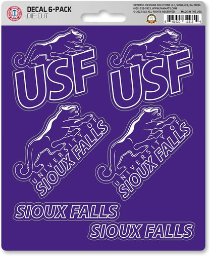 University of Sioux Falls Cougars 6-Piece Decal Sticker Set, 5x6 Inch Sheet, Gift for football fans for any hard surfaces around home, automotive, personal items