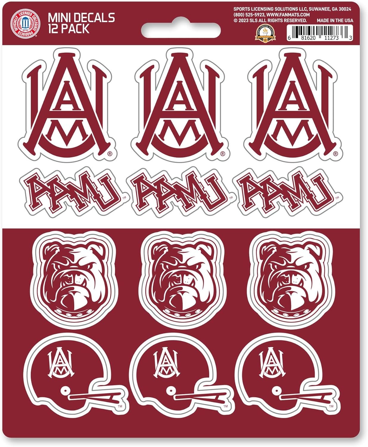 Alabama A&M University Bulldogs 12-Piece Mini Decal Sticker Set, 5x6 Inch Sheet, Gift for football fans for any hard surfaces around home, automotive, personal items