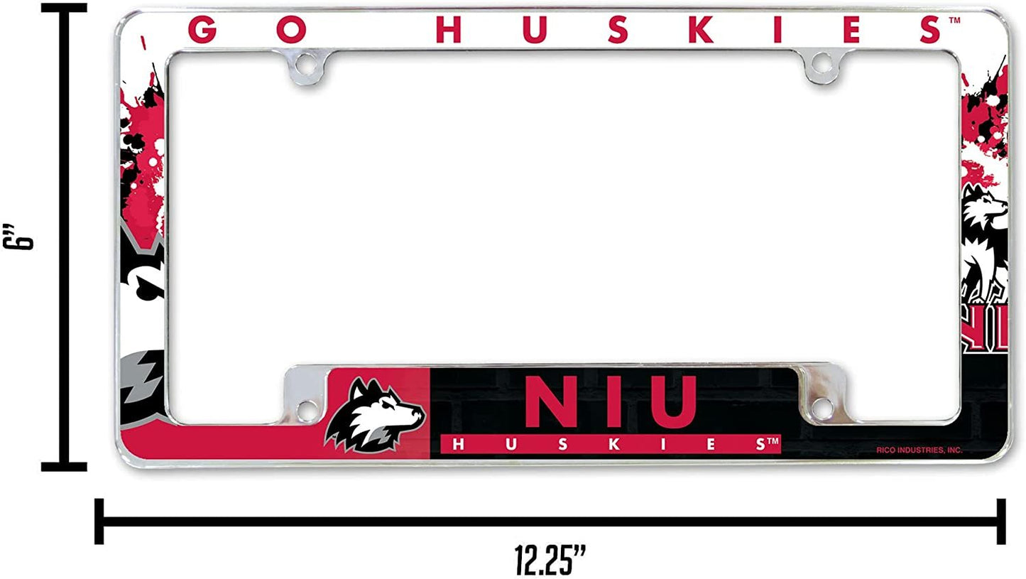 University of Northern Illinois Huskies Metal License Plate Frame Chrome Tag Cover All Over Design 6x12 Inch