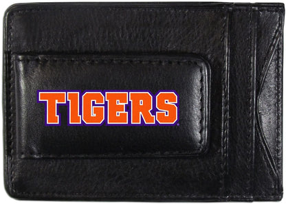 Clemson University Tigers Black Leather Wallet, Front Pocket Magnetic Money Clip, Printed Logo