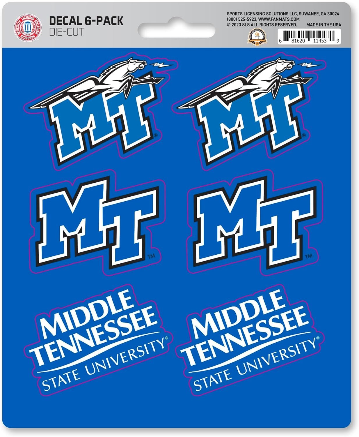 Middle Tennessee State University Blue Raiders 6-Piece Decal Sticker Set, 5x6 Inch Sheet, Gift for football fans for any hard surfaces around home, automotive, personal items