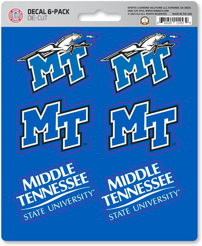 Middle Tennessee State University Blue Raiders 6-Piece Decal Sticker Set, 5x6 Inch Sheet, Gift for football fans for any hard surfaces around home, automotive, personal items