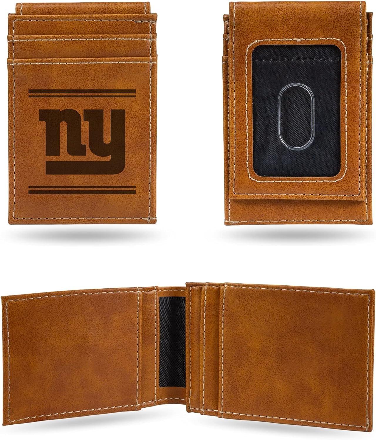 New York Giants Premium Brown Leather Wallet, Front Pocket Magnetic Money Clip, Laser Engraved, Vegan