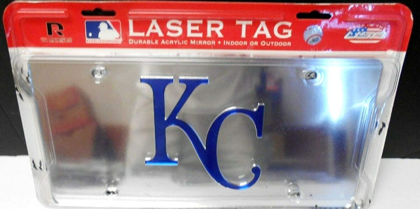 Kansas City Royals Premium Laser Cut Tag License Plate, KC Logo, Mirrored Acrylic Inlaid, 12x6 Inch