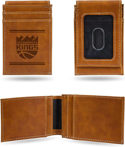 Sacramento Kings Premium Brown Leather Wallet, Front Pocket Magnetic Money Clip, Laser Engraved, Vegan