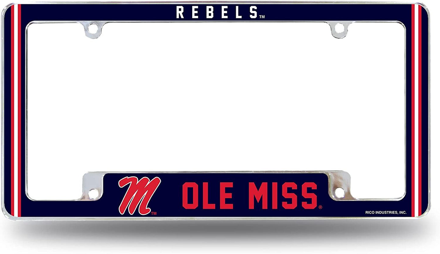 University of Mississippi Rebels Ole Miss Metal License Plate Frame Chrome Tag Cover Alternate Design 6x12 Inch